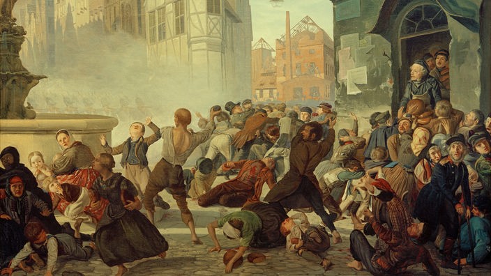 Auf einem Gemälde sind zwei Männer zu sehen, die Steine auf eine fliehende Menschenmenge werfen. Am Boden liegen blutende Menschen.
