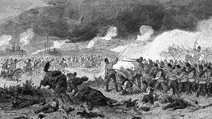 Eine historische Zeichnung des Schlachtfeldes von Solferino im Jahre 1859.