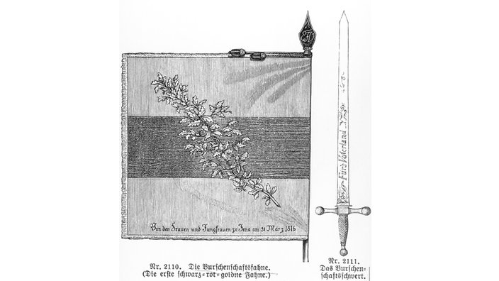 Burschenschaftsfahne und Schwert 1816. | Bildquelle: akg Burschenschaftsfahne und Schwert 1816.