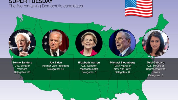 Collage: Für die Demokraten stehen fünf Kandidaten zur Wahl.