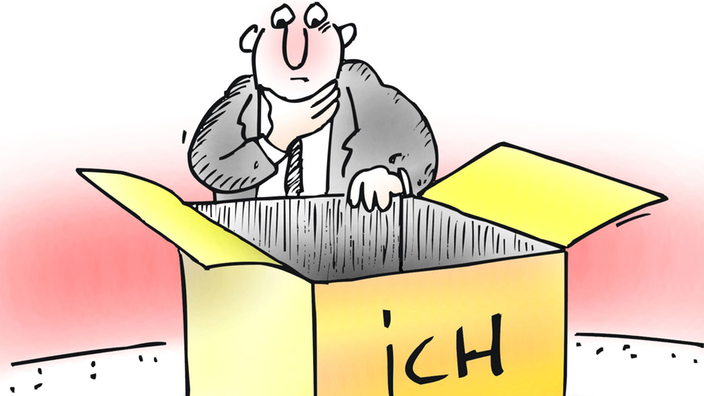 Illustration: Mann vor Kiste, auf der groß Ich geschrieben steht. | Bildquelle: dpa Picture-Alliance/Martin Guhl Illustration: Mann vor Kiste, auf der groß Ich geschrieben steht.