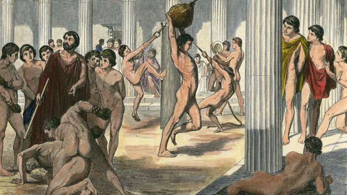 Illustration junger kämpfender Männer in Sparta.