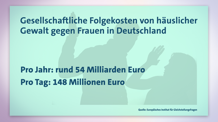 Grafik mit Schrift: Die gesellschaftlichen Folgekosten von häuslicher Gewalt gegen Frauen. | Bildquelle: SWR Grafik mit Schrift: Die gesellschaftlichen Folgekosten von häuslicher Gewalt gegen Frauen.