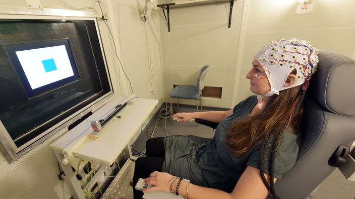 Eine Versuchsperson hat eine EEG-Haube auf dem Kopf und schaut auf einen Bildschirm