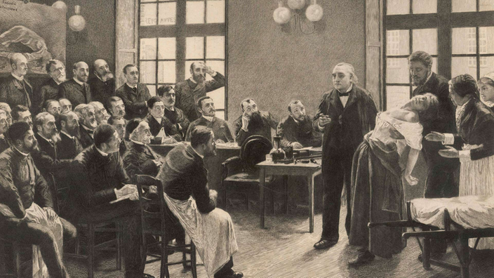 Jean-Martin Charcot hält in der Nervenklinik ¿Hopital Salpetriere¿ einen Vortrag über die Symptome von Hysterie mit einem Patienten unter Hypnose.