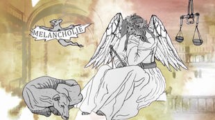 Zeichnung: nachdenklicher Engel, nebenan Schriftzug "Melancholie".