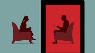 Zeichnung: Frau sitzt im Sessel, gegenüber ein Therapeut.