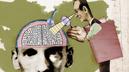 Illustration: Psychologe untersucht Gehirn eines Mannes mit einer Lupe.