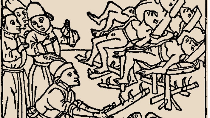 Ein Bild mit dem Titel "Brunnenvergiftung. Folter von Juden" von 1475