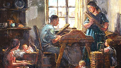 Ölgemälde: Familie bei der Zigarrenherstellung in Heimarbeit. Eine Situation aus dem späten 19. Jahrhundert.