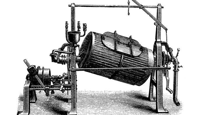 Trommelwaschmaschine, Holzschnitt um 1888