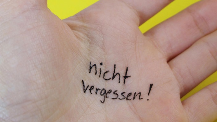 Auf der Innenfläche einer Hand ist "nicht vergessen" notiert.