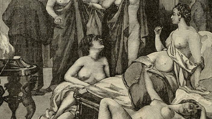 Historischer Stich zeigt mehrere Prostituierte im antiken Griechenland.