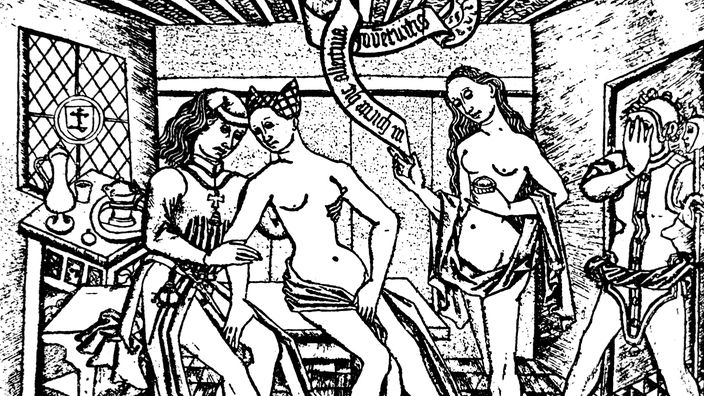 Holzsschnitt aus dem 15. Jahrhundert: Frau und einen Mann beim Sex, dabei stehen eine weitere nackte Frau und ein Gaukler, der sich die Hand vor das Gesicht hält