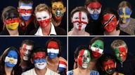Bild in vier Rechtecke aufgeteilt. Auf jedem Rechteck sind vier Menschen zu sehen, die ihre Gesichter in unterschiedlichen Nationalfarben angemalt haben.