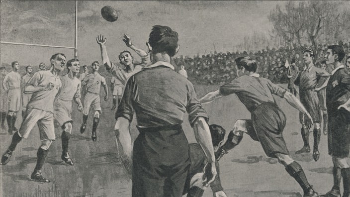 Schwarzweiß-Zeichnung einer Szene aus einem Rugby-Spiel