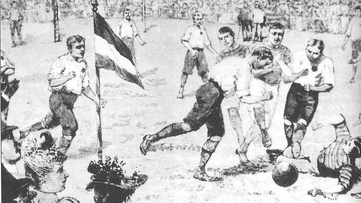 Sportler in knielangen Hosen beim Fußballspiel Ende des 19. Jahrhunderts.