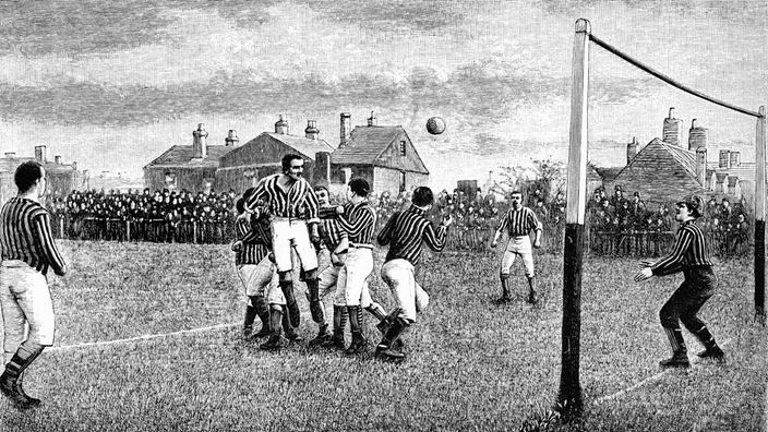 Historischer Stich aus dem 18. Jahrhundert: Engländer beim Fußballsport.