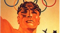 Olympiaplakat für Berlin 1936: Athletenfigur, Olympische Ringe, Brandenburger Tor 