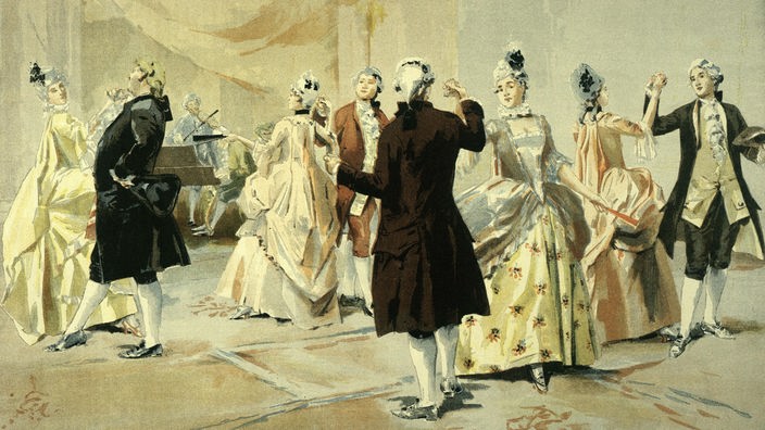 Die kolorierte Zeichnung zeigt tanzende Paare, die sich an den Händen halten.