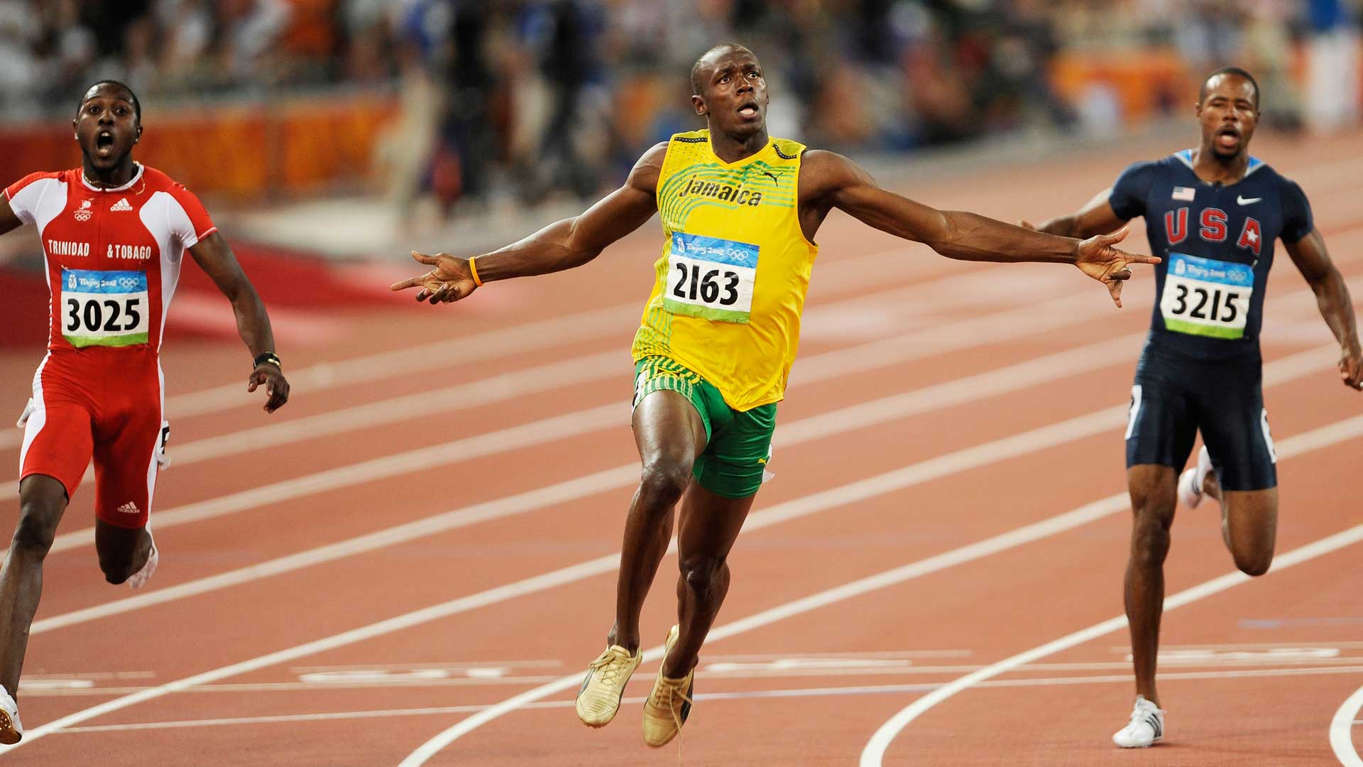 Usain Bolt gweinnt beim 100-Meter-Lauf 2008.