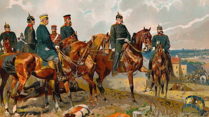 Gemälde: Wilhelm I., Bismarck und andere zu Pferde