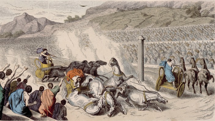 Gemälde zeigt Wagenrennen bei den Olympischen Spielen der Antike