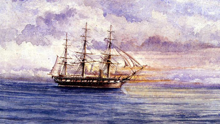 Das Gemälde zeigt das Schiff "Challenger" in ruhiger Fahrt.