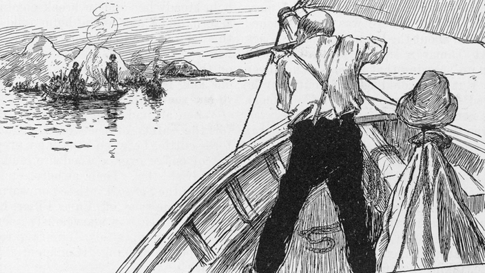 Die Zeichnung zeigt Joshua Slocum, der sich auf seinem Schiff "Spray" mit dem Gewehr gegen Angreifer zur Wehr setzt.