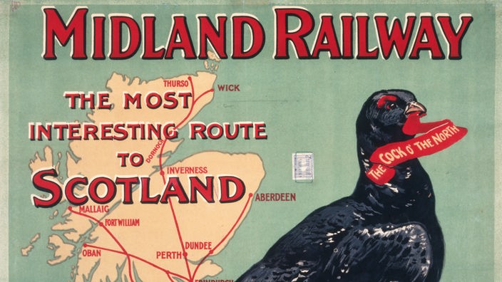 Werbeplakat für Touren nach Schottland, auf dem verschiedene Eisenbahntrassen in den Norden gezeigt werden.