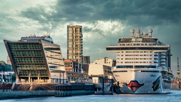 Ein Kreuzfahrtschiff legt am Hamburger Hafen an.