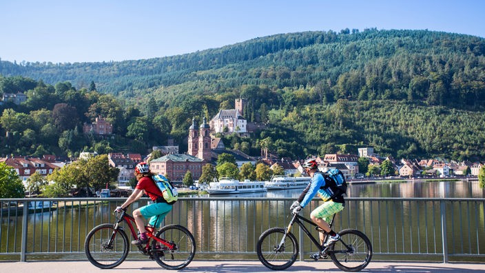 Mountainbiker fahren über eine Brücke über den Main mit Blick auf die Altstadt von Miltenberg.