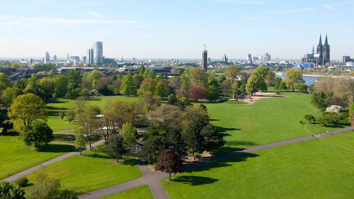 Blick über Parkanlagen auf die Skyline der Stadt Köln