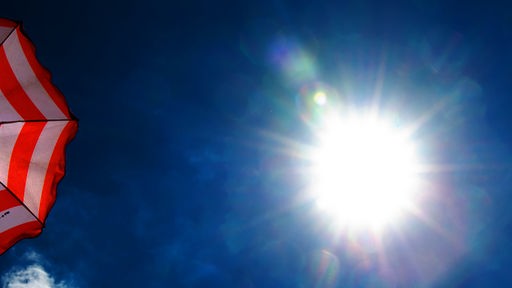 Bild von unten auf Sonnenschirm und hochstehende Sonne vor blauem Himmel