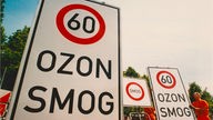 Warnschilder mit der Aufschrift Tempo 60, Ozon, Smog