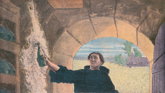 Illustration: Der Mönch Dom Perignon erfindet den Chmpagner
