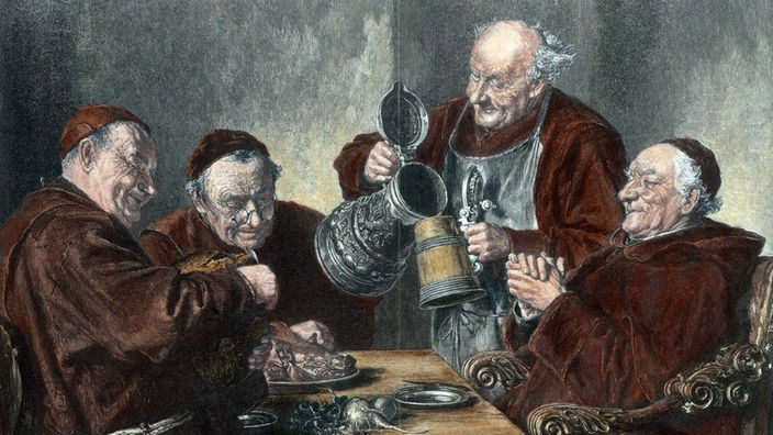Gemälde: Mittelalterliche Mönche beim Trinken