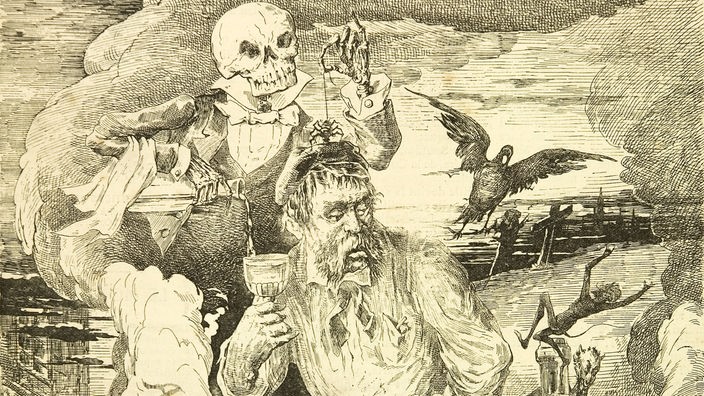 Gemälde: Mann trinkt Absinth, ein Totenkopf hinter ihm