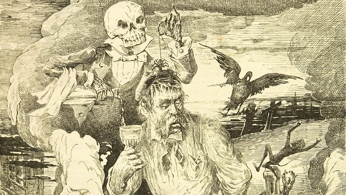 Gemälde: Mann trinkt Absinth, ein Totenkopf hinter ihm | Bildquelle: WDR/Interfoto/Science & Society Gemälde: Mann trinkt Absinth, ein Totenkopf hinter ihm
