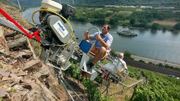 Mit Blick auf die Mosel fährt im Vordergrund eine schmale Bahn den Berg hinauf.