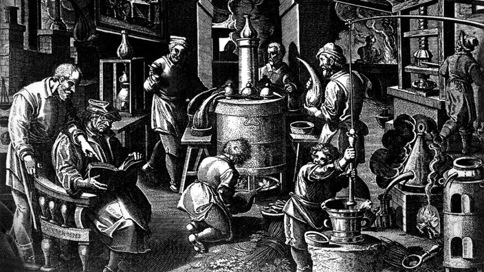 Stich: Destillationsraum mit Arbeitern