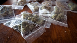 Auf einem Tisch liegen Tütchen in denen Cannabis abgepackt ist.