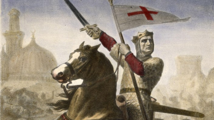 Ein Gemälde zeigt Gottfried von Bouillon, einen Kreuzritter, mit erhobenem Schwert auf einem Pferd.