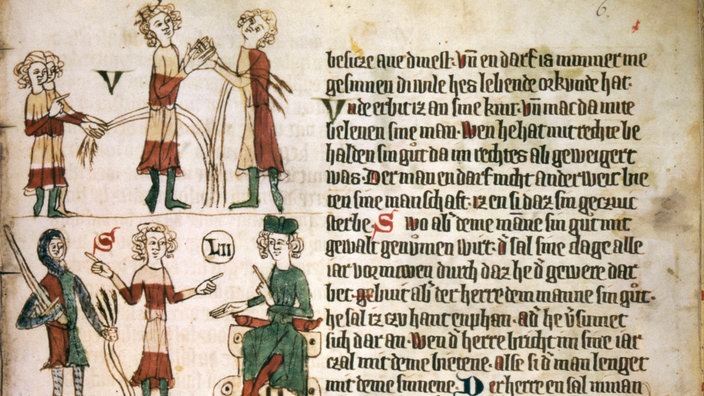 Buchmalerei um 1300 aus dem 'Sachsenspiegel'. Dargestellt wird, die abgelegte Hüte und Handschuhe vor dem Gericht | Bildquelle: akg-images Buchmalerei um 1300 aus dem 'Sachsenspiegel'. Dargestellt wird, die abgelegte Hüte und Handschuhe vor dem Gericht