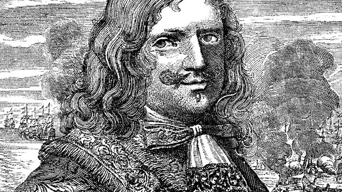 Kupferstich von 1681: Porträt des Henry Morgan mit langen welligen Haaren