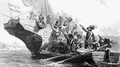 Holzstich: Piraten überfallen ein Segelschiff.
