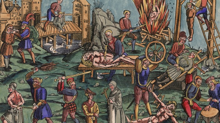 Das Bild zeigt verschiedene Strafen und Hinrichtungsarten von 1512: Ein Mann wird erhängt, ein anderer verbrannt, einem weiteren wird ein Auge ausgestochen.