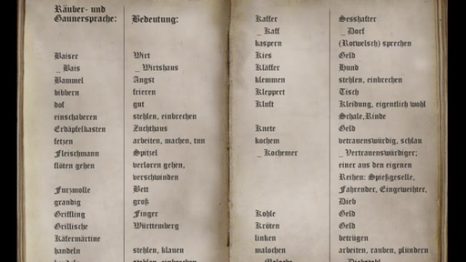 Ein aufgeschlagenes altes Wörterbuch mit Begriffen aus der Räubersprache und deren Übersetzung ins Hochdeutsche.