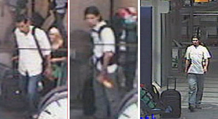 Drei unscharfe Bilder einer Überwachungskamera, die junge Männer mit Rucksäcken und Rollkoffern zeigen.