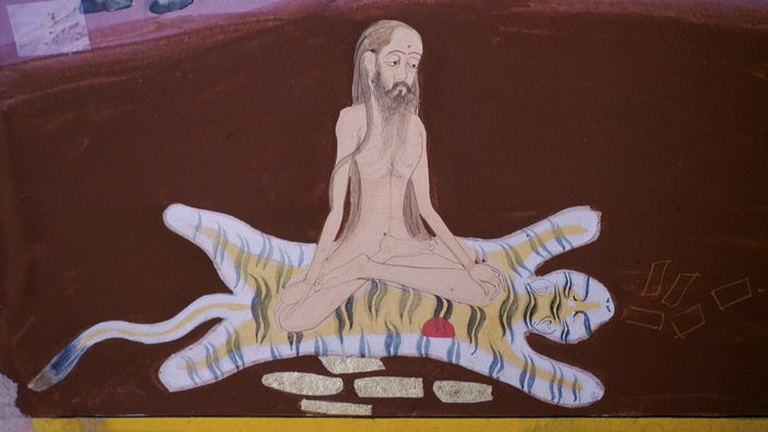 Eine Zeichnung, auf der ein nackter Mann im Lotussitz auf einem Tigerfell abgebildet ist